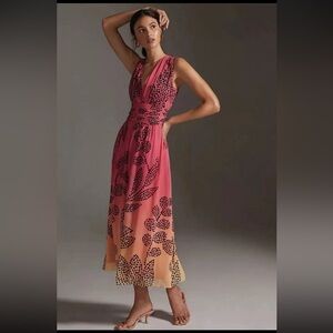 Anthropologie Verb by Pallavu Singhee v-neck ombre floral orange and pink dress